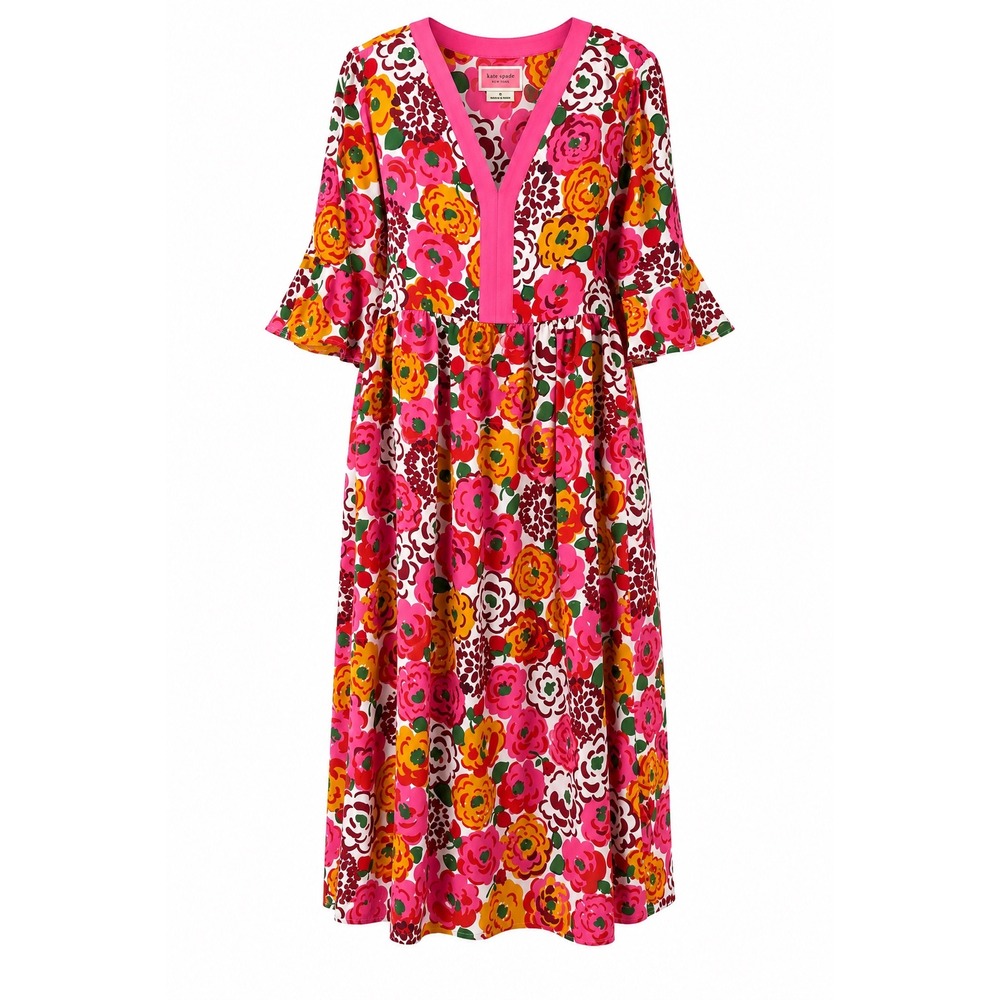 Kate Spade Utterly Famous Pink Floral Kimono Caftan Midi Dress Ruffle Sleeve‎ M